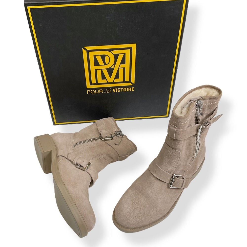 Pour La Victoire Boots Women 7.5 Beige Suede Moto Zip Buckle Booties NWB